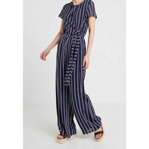 Michael by Michael Kors Women’s Size 10 Jumpsuit Navy Blue Striped Tie Waist - Picture 1 of 13